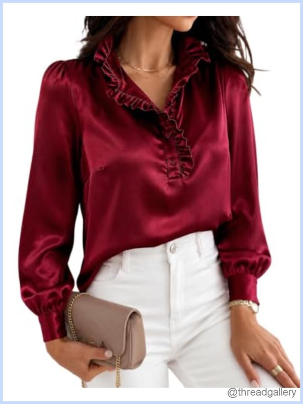 Satin V Neck Ruffled Button Down Blouse